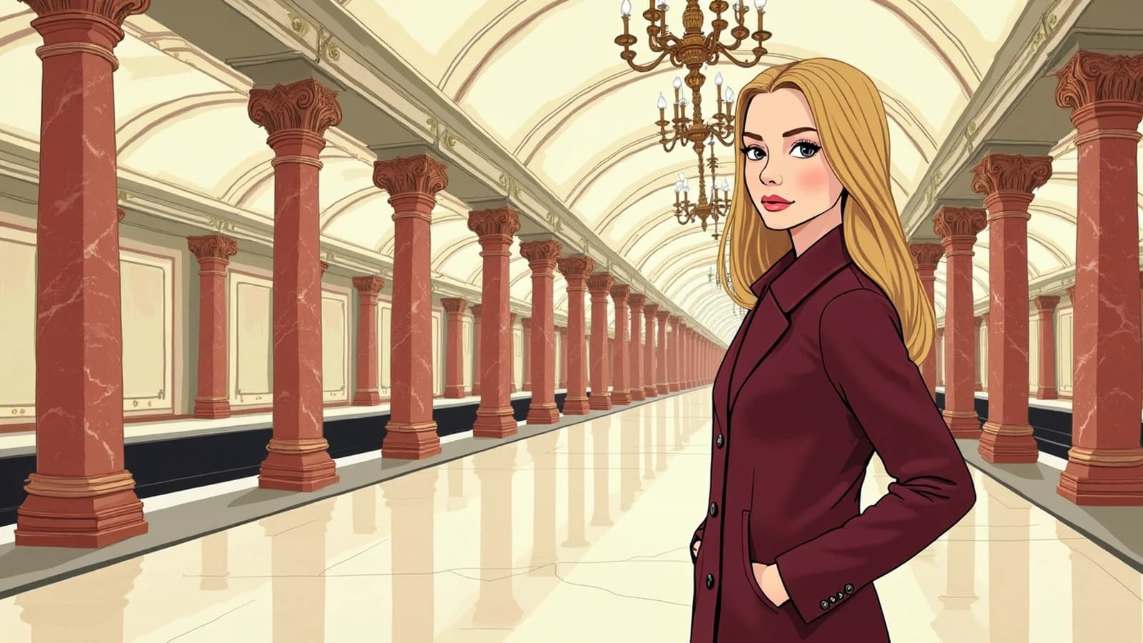 Jeune femme blonde en manteau bordeaux sur un quai de métro aux colonnes de marbre.