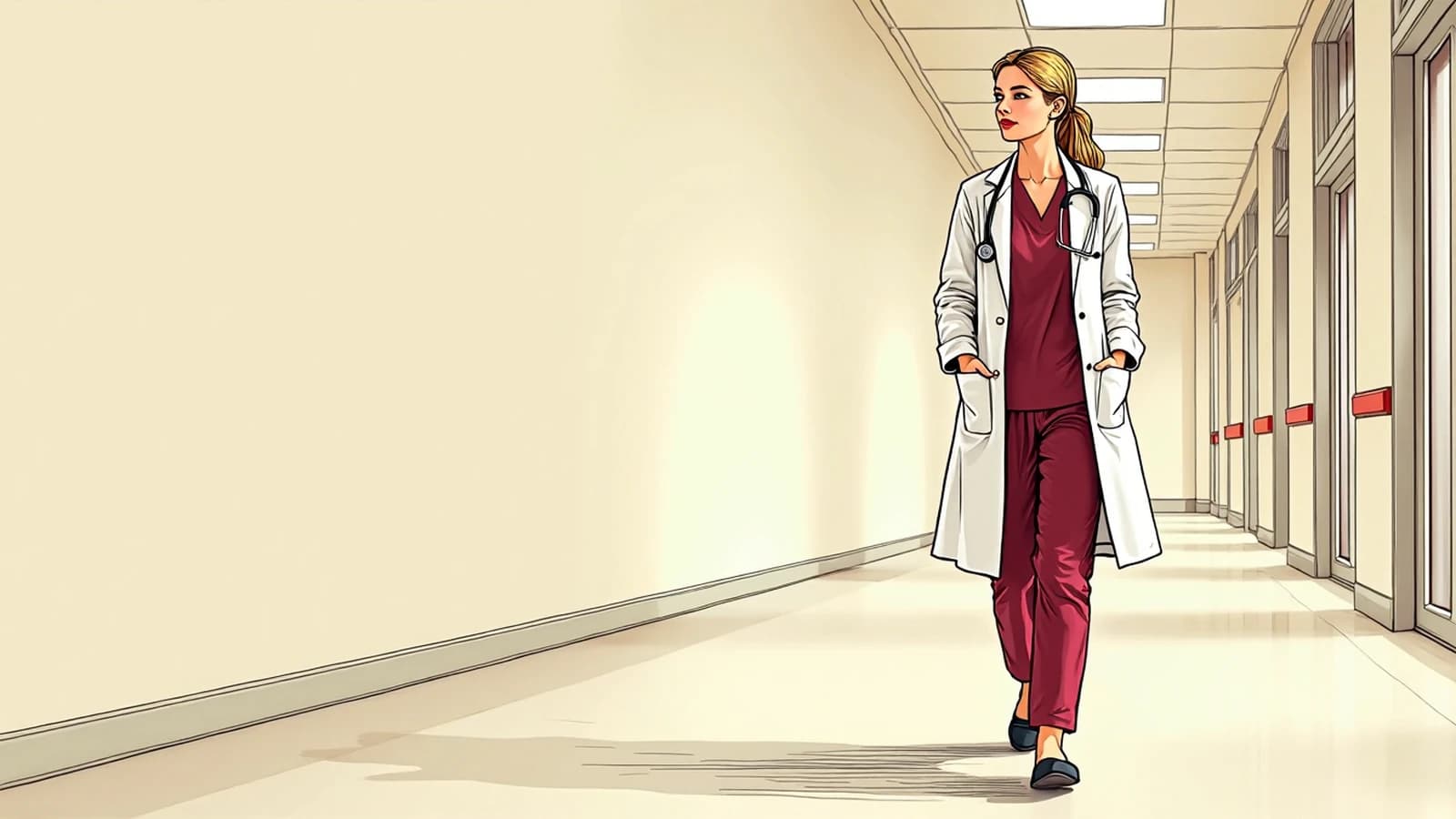 Jeune médecin blonde en blouse blanche, stéthoscope au cou, dans un couloir d'hôpital.