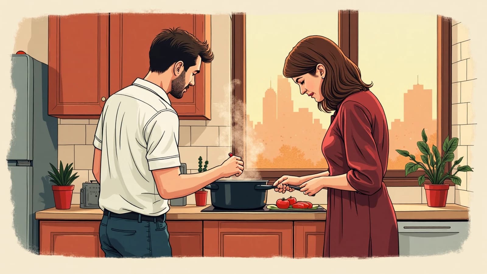 Couple dans une petite cuisine, lui penché sur la casserole, elle coupant des tomates.