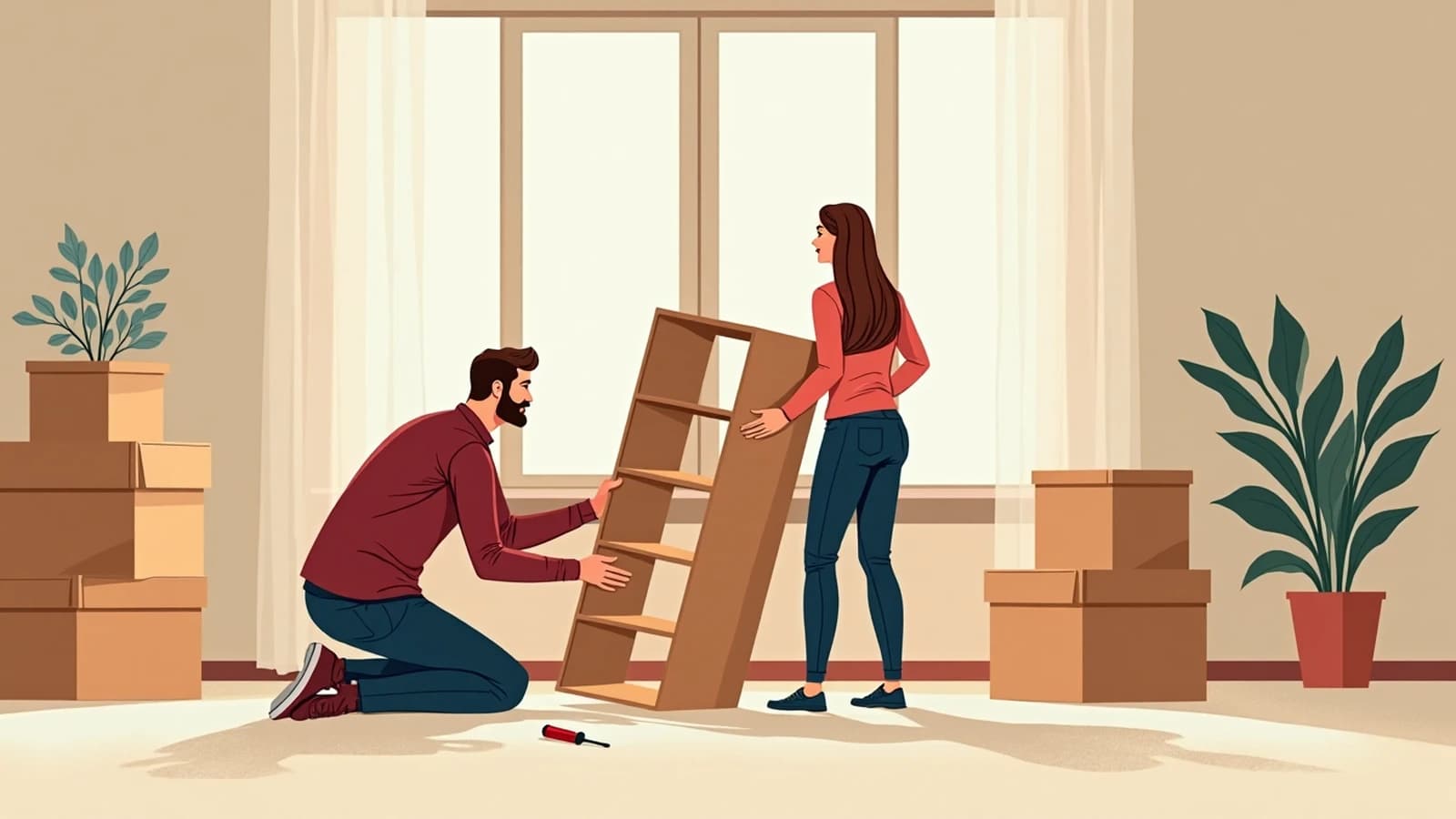 Couple qui monte une étagère dans un appartement neuf, entre des cartons.