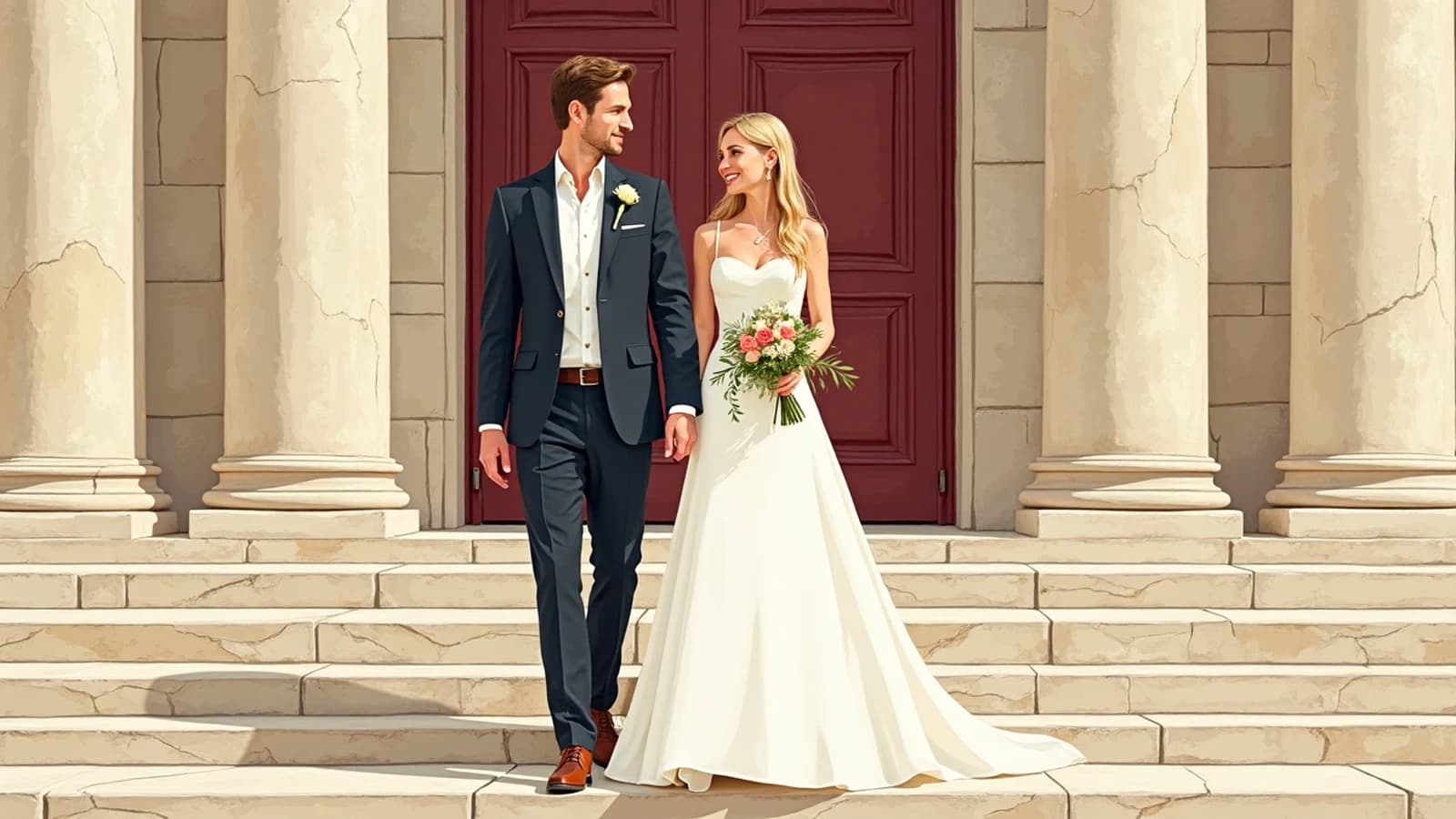 Jeunes mariés, elle blonde avec un bouquet, sur les marches d'un palais des mariages.