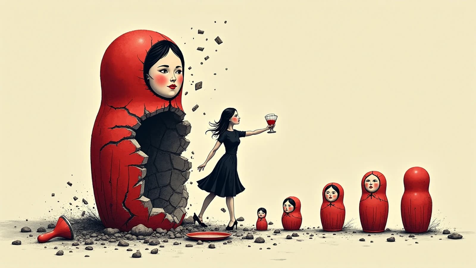 Matriochka qui se brise et libère une femme réelle, les attributs du cliché en éclats au sol.