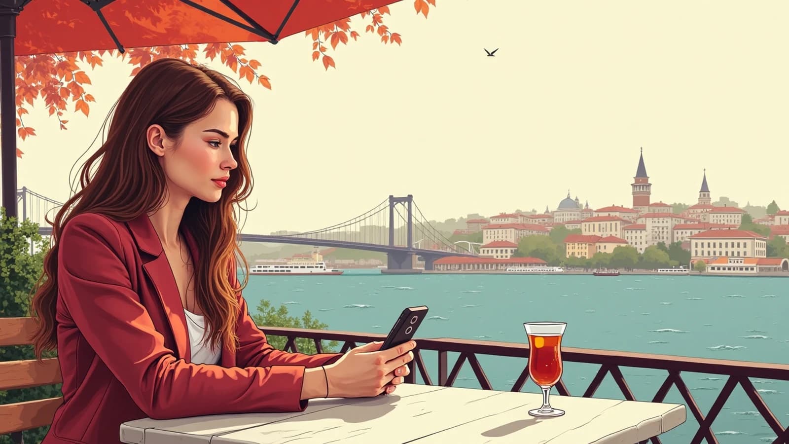 Jeune femme châtain à une terrasse de café d'Istanbul, un verre de thé et son téléphone.