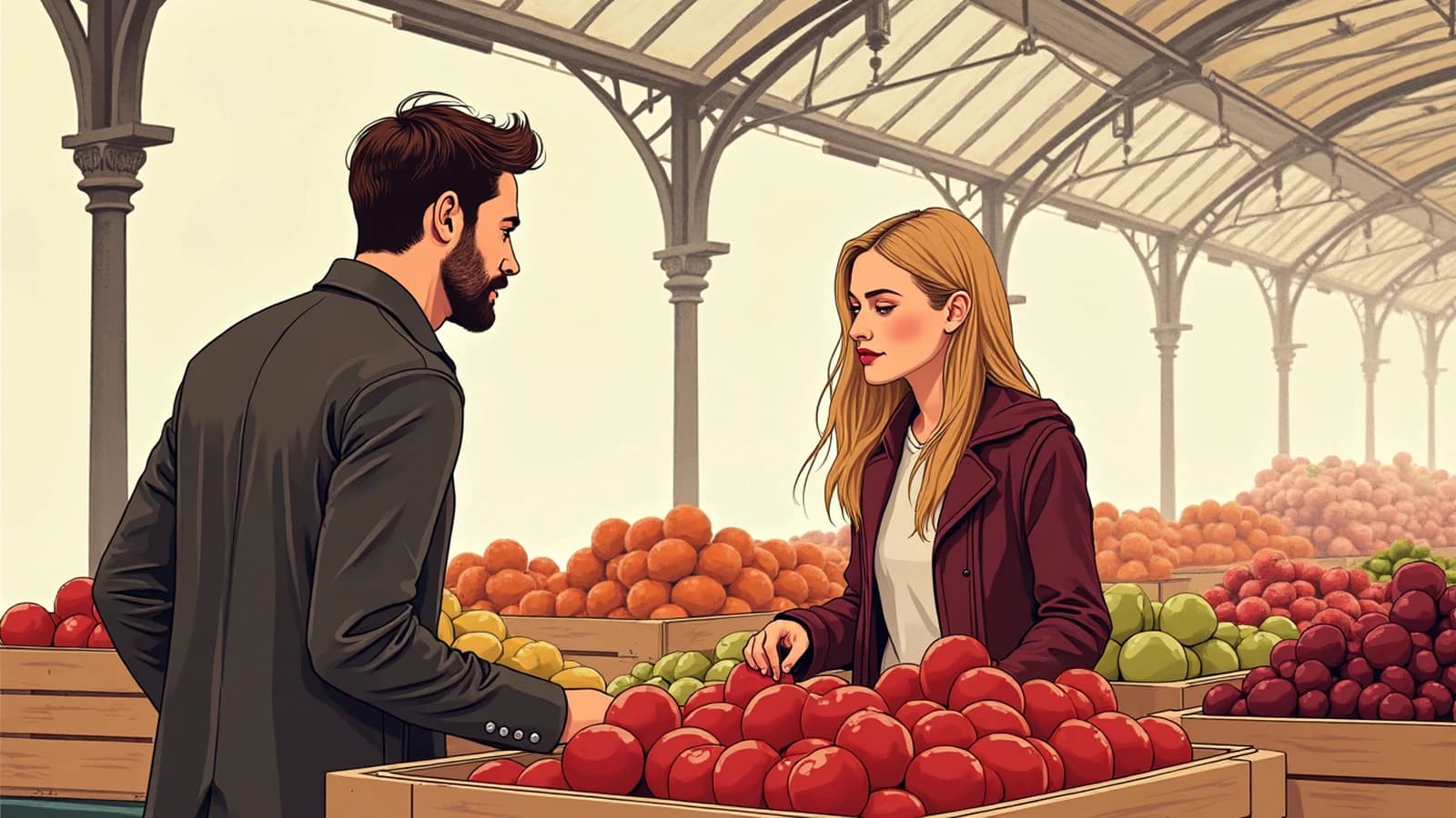 Homme et jeune femme blonde qui choisissent des pommes sous la halle d'un marché couvert.