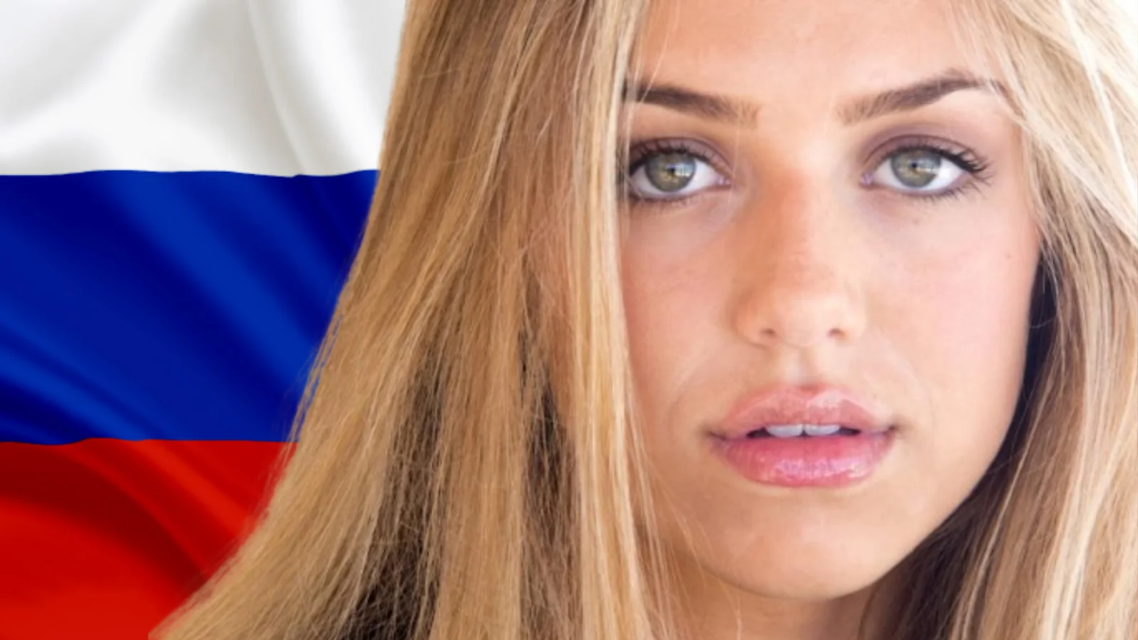Portrait d'une jeune femme blonde aux yeux verts, drapeau russe en arrière-plan.