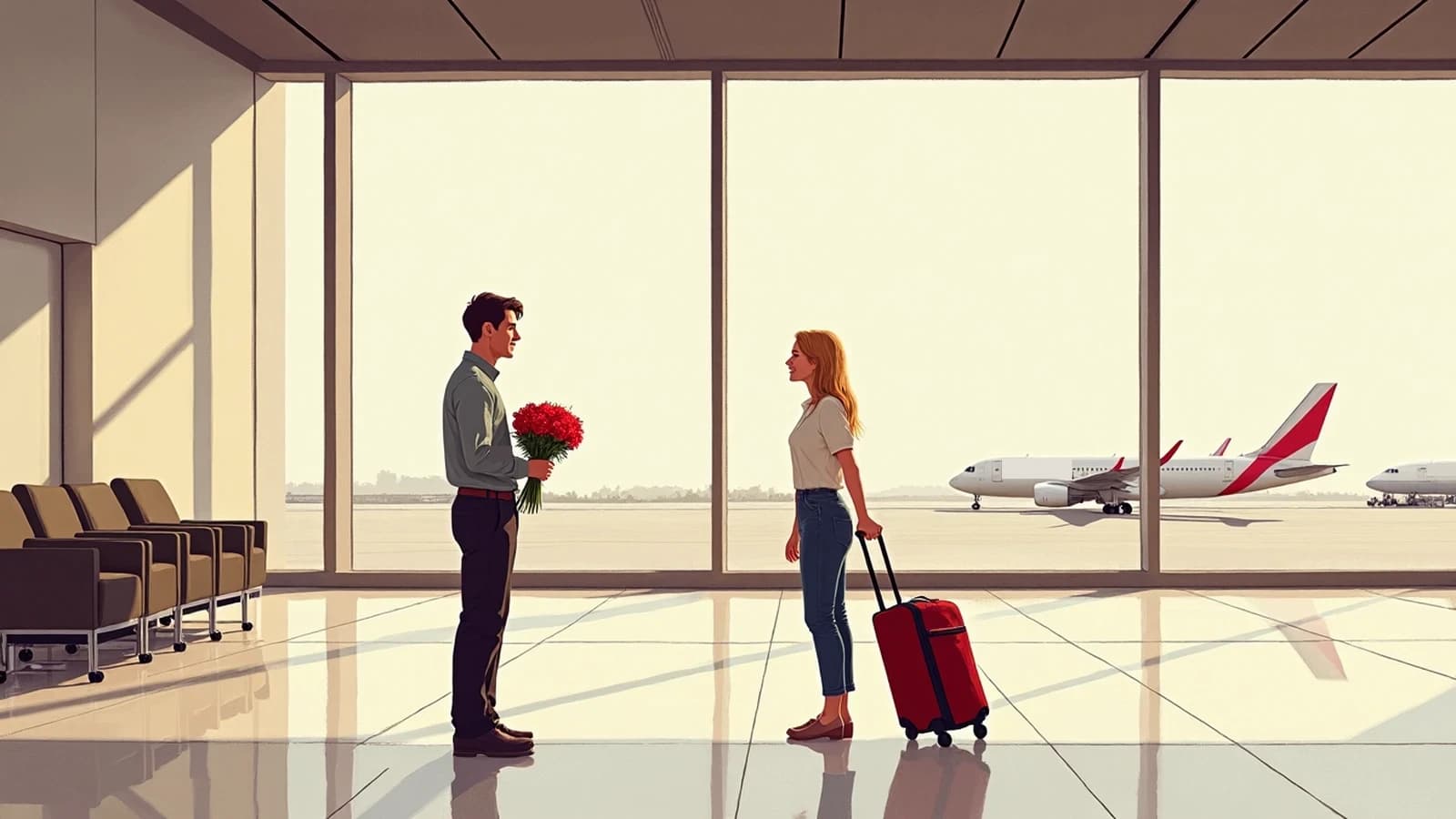 Homme avec un bouquet dans un hall d'arrivée, une jeune femme blonde vient vers lui.